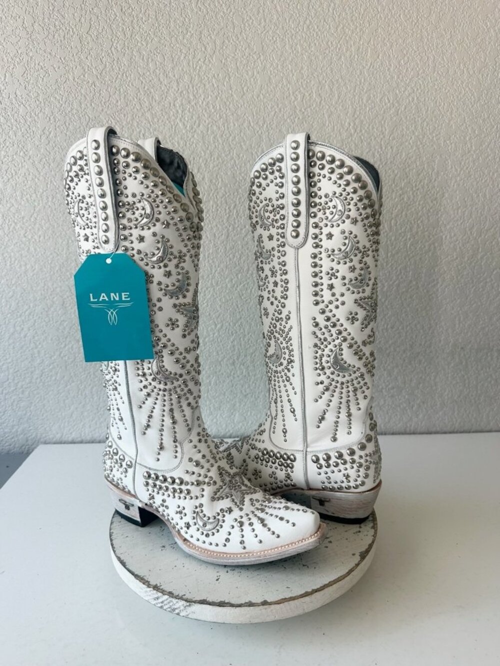 Lane SOLSTICE Womens White Studded Cowboy Boots Tall Snip Toe Leather Size 8 - Picture 13 of 14